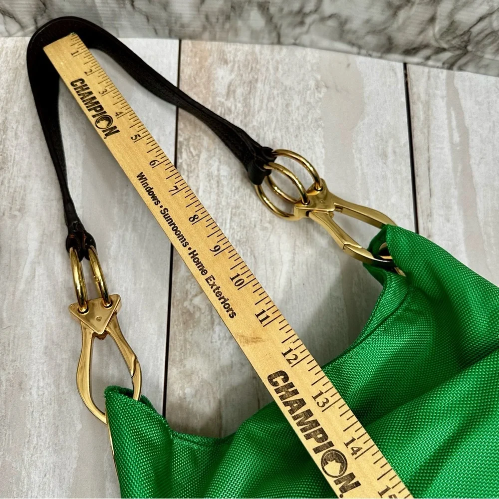 Vibrant Green Nylon Hobo Shoulder Bag Black Strap Gold Hardware Tote Bold Bright